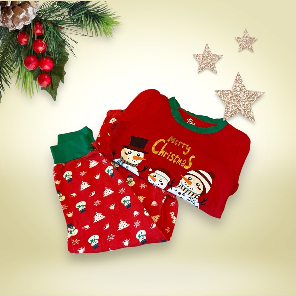 Merry Christmas Red Kids Pajama Set with Snowman Print